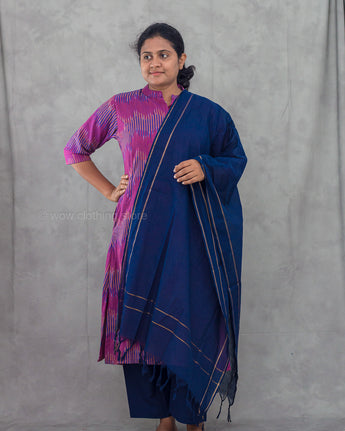 Woman wearing a blue and pink traditional outfit against a gray background