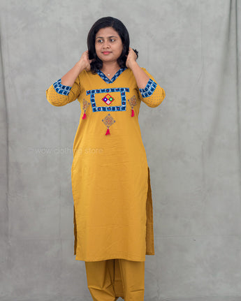 Yellow neck work cotton kurti set with plain bottom