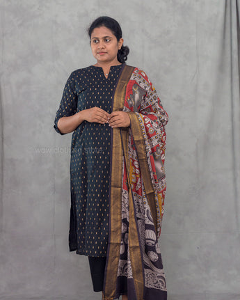 Women's butta black semil-silk 3pc kurti set with dupatta for festive wear