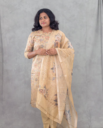 Women's floral beige semil-tissue 3pc kurti set with dupatta for festive wear