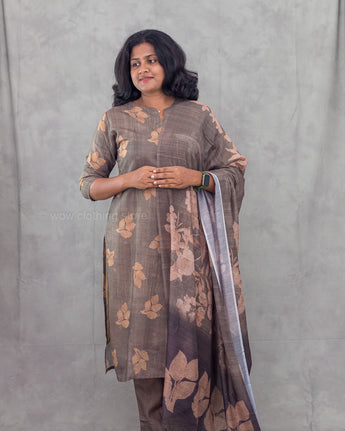 Women's floral coffee brown modal 3pc kurti set with dupatta for festive wear
