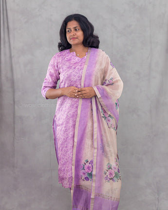 Women's floral lavender semi-tissue 3pc kurti set with dupatta for festive wear