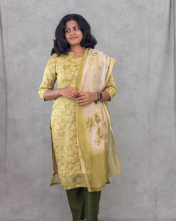 Women's floral olive green semil-tissue 3pc kurti set with dupatta for festive wear