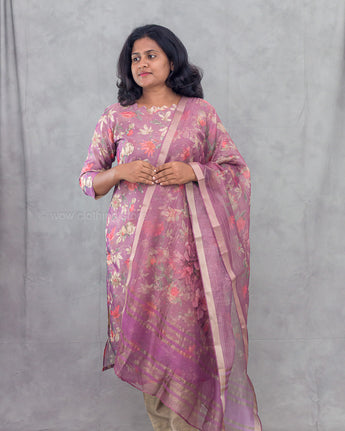 Women's floral pearly purple semi-tissue 3pc kurti set with dupatta for festive wear