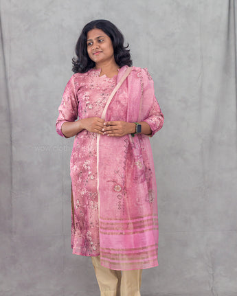 Women's floral puce pink semil-tissue 3pc kurti set with dupatta for festive wear