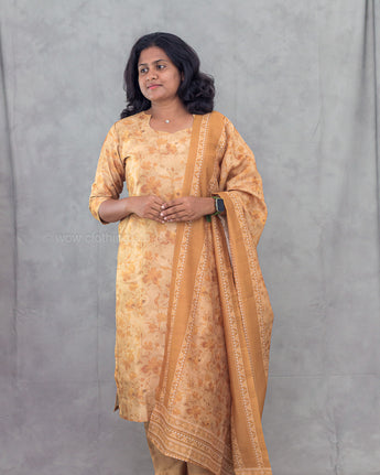Women's floral rustic orange semil-silk 3pc kurti set with dupatta for festive wear