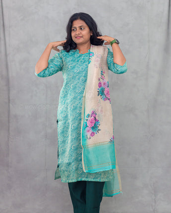 Women's floral tiffany blue semi-tissue 3pc kurti set with dupatta for festive wear