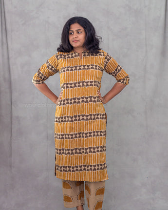 Women's printed light brown cotton 2pc kurti set for everyday wear