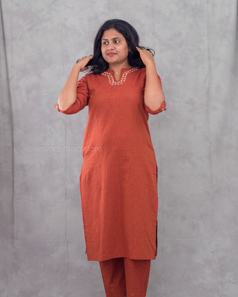 Women's neck work red brown cotton 2pc kurti set for everyday wear