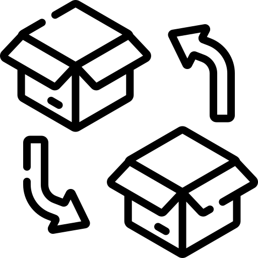 Two black and white icons of boxes with arrows indicating movement or packaging.