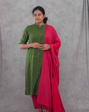 Woman wearing a green kurta with a pink saree against a gray background